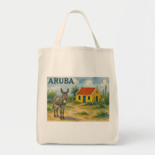 Aruba Gelbes Cunucu-Haus mit Esel Aquarell Tragetasche