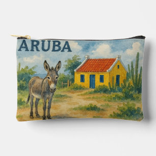 Aruba Gelbes Cunucu-Haus mit Esel Aquarell Zubehörtasche