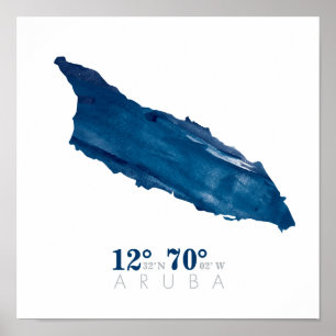 Aruba Map Blue Watercolor Koordinaten Poster