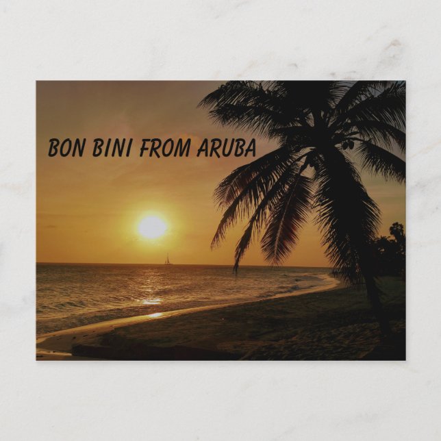Aruba mit Sonnenuntergang über Wasser und Palmen Postkarte (Vorderseite)