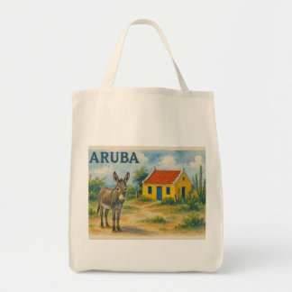 Aruba Yellow Cunucu house with donkey watercolor Tragetasche