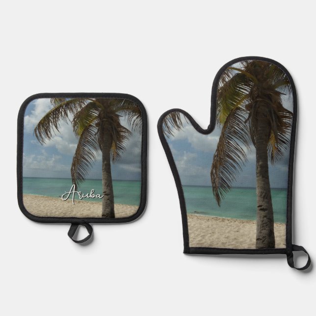 Aruban Beach I Beautiful Nature Szene Ofenhandschuh & Topflappen-Set (Vorderseite)