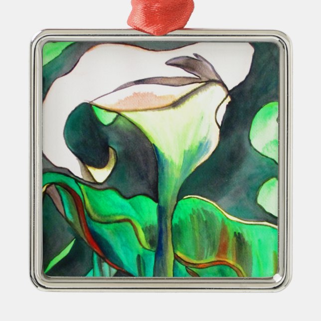 Arum Lily Aquarellmalerei Silbernes Ornament (Vorne)