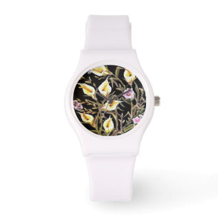 Arum Lily künstlerisches Blumendesign auf schwarz Armbanduhr