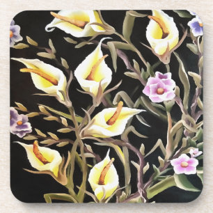 Arum Lily künstlerisches Blumendesign auf schwarz Getränkeuntersetzer
