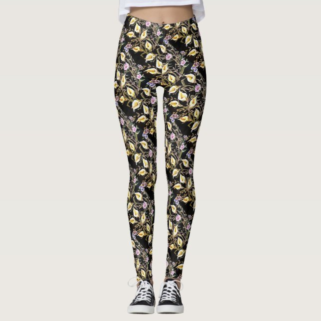 Arum Lily künstlerisches Blumendesign auf schwarz Leggings (Vorderseite)