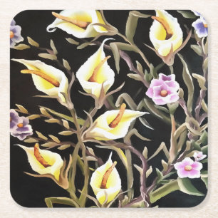 Arum Lily künstlerisches Blumendesign auf schwarz Rechteckiger Pappuntersetzer