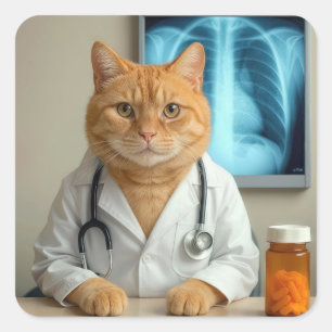 Arzt-Katze mit Stethoskop in Orange Quadratischer Aufkleber