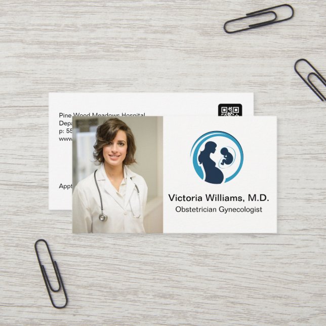 Arzt lächelt | Logo des Obstetrician Gynecologin Visitenkarte (Vorderseite/Rückseite Beispiel)