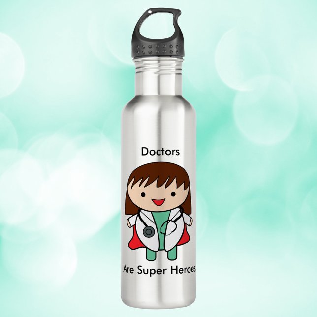 Ärzte sind Super Heros Frau Kawaii Edelstahlflasche (A water bottle with a picture of a female doctor and the text, "Doctors Are Super heroes".)