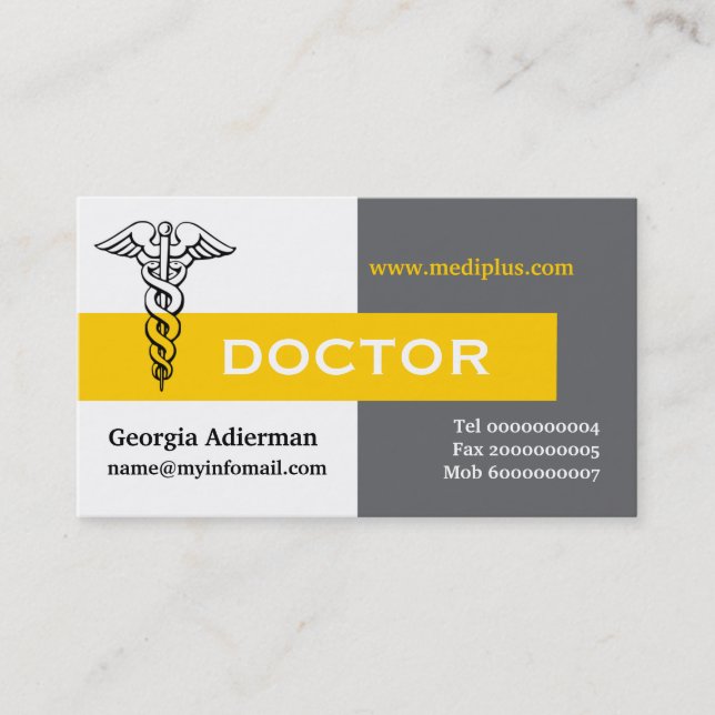 Ärztin Caduceus minimalistisch grau, weiß, gelb Visitenkarte (Vorderseite)