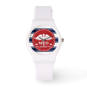 Ärztin für Rote und Marine Stripe Caduceus Armbanduhr
