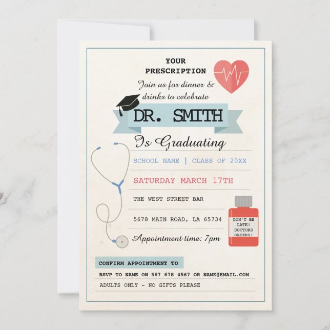 ärztliche Verschreibung Dr. Graduation Party Medic Einladung (Vorderseite)