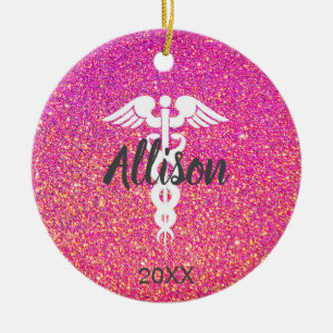 Ärztlicher Krankenpfleger Caduceus Pink Glitzer C Keramik Ornament