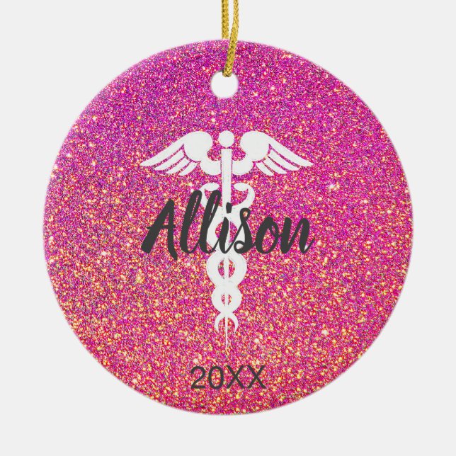 Ärztlicher Krankenpfleger Caduceus Pink Glitzer Keramik Ornament (Vorne)