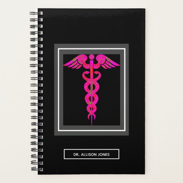 Ärztlicher Medical Black Pink Caduceus Personalisi Planer (Vorderseite)