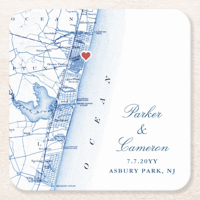 Asbury Park NJ Map Gastgeschenk Hochzeit Navy Blue Rechteckiger Pappuntersetzer (Vorderseite)