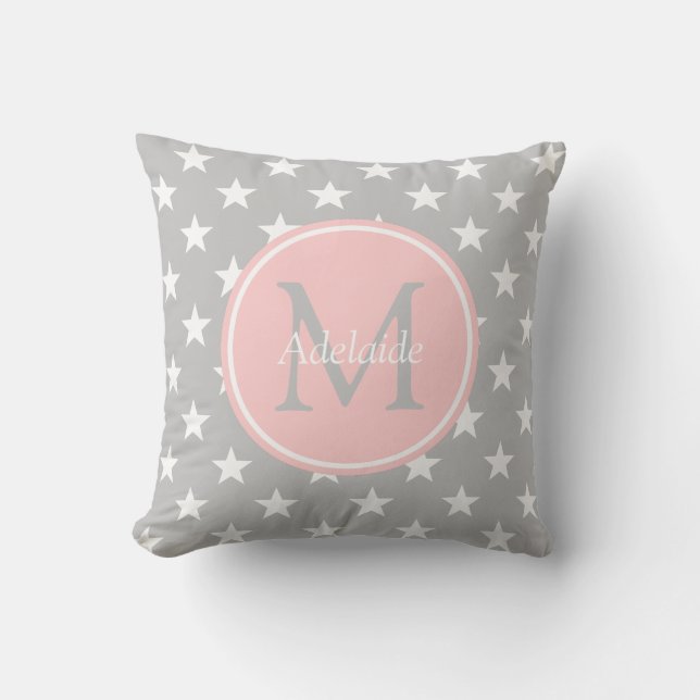 Aschen-Grau-und Baby-Rosa-Stern-Monogramm Kissen (Vorderseite)