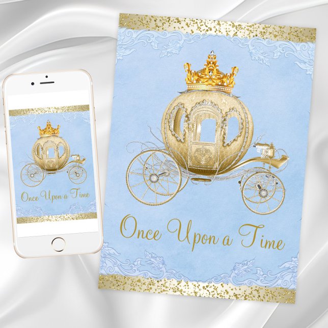 Aschenputtel Blau einmal auf die Zeit Prinzessin G Einladung (Cinderella birthday party invitation with gold carriage on a blue and gold background. Any occasion.)