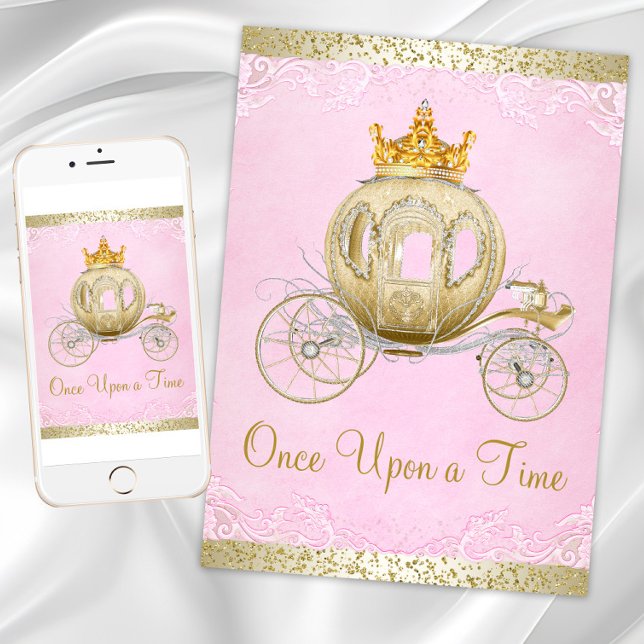 Aschenputtel einmal auf den Geburtstag der Prinzes Einladung (Pink gold princess birthday party invitation with gold carriage on pink gold back. Any event.)