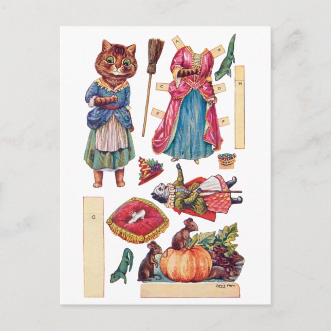 Aschenputtel, Papierpuppe, Louis Wain Postkarte (Vorderseite)