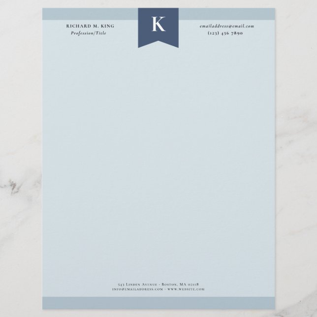 Ash Blue EleganBold Monogram Contact Info Briefbogen (Vorderseite)