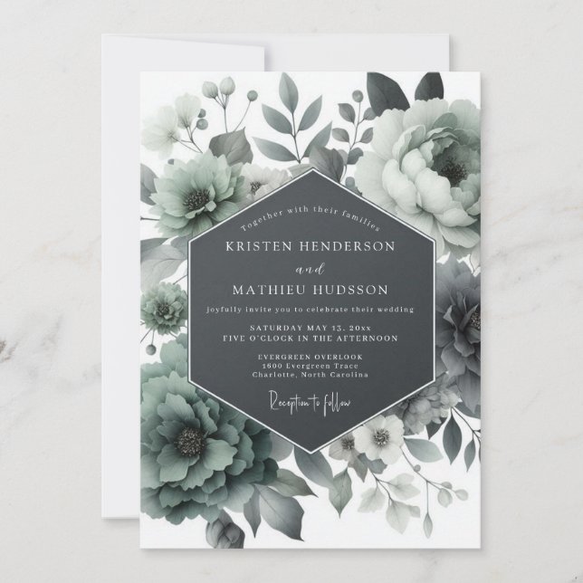 Ash Green Moody Bloom Wedding Einladung (Vorderseite)