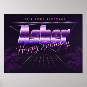 Asher Name Prénom lila retro Poster Anniversaire