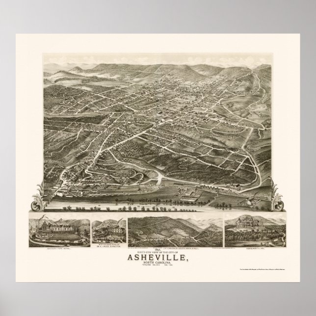 Asheville, NC Panorama Karte - 1891 Poster (Vorne)