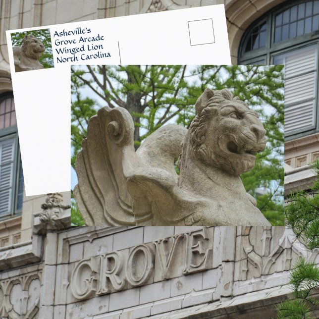 Asheville Winged Lion Statue Historic Grove Arcade Postkarte (Von Creator hochgeladen)