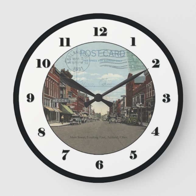 Ashland, Ohio Post Card Clock - Main St 1931 Große Wanduhr (Vorderseite)