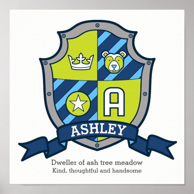 Ashley-Jungs-Name bedeutet "Bär-grünes Wappen-Post Poster (Vorne)