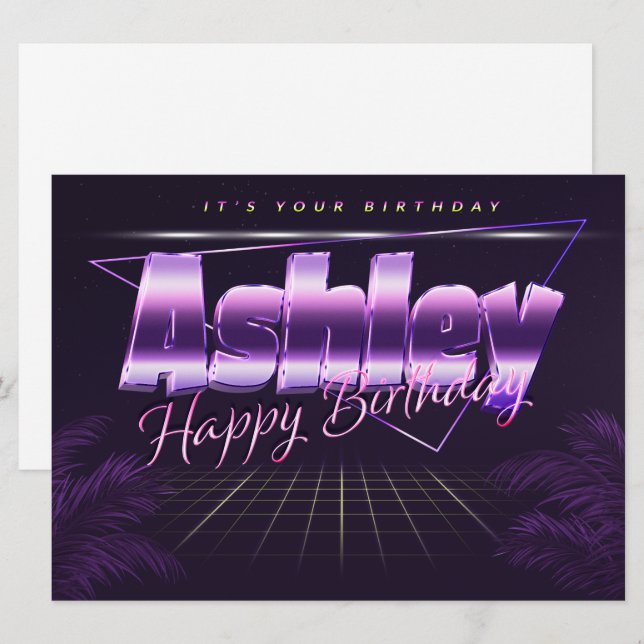 Ashley Name Vorname lila retro Karte Geburtstag (Vorne/Hinten)
