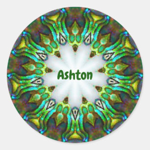 ASHTON ~ Personalisiert Paua Muschel Fraktal ~ Kla Runder Aufkleber