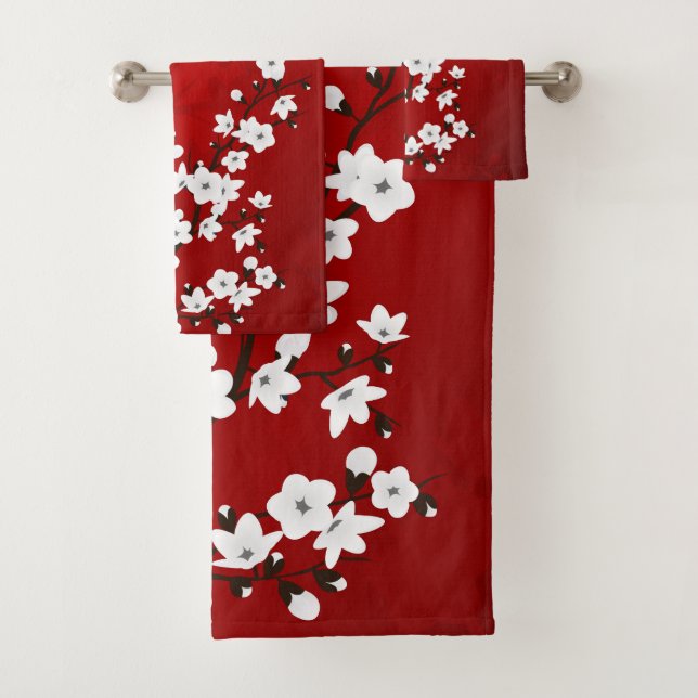 Asia Floral White Cherry Blossom Red Badhandtuch Set (Insitu)