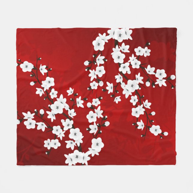 Asia Floral White Cherry Blossom Red Fleecedecke (Vorderseite (Horizontal))