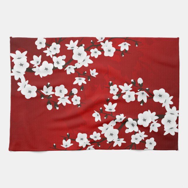 Asia Floral White Cherry Blossom Red Geschirrtuch (Horizontal)
