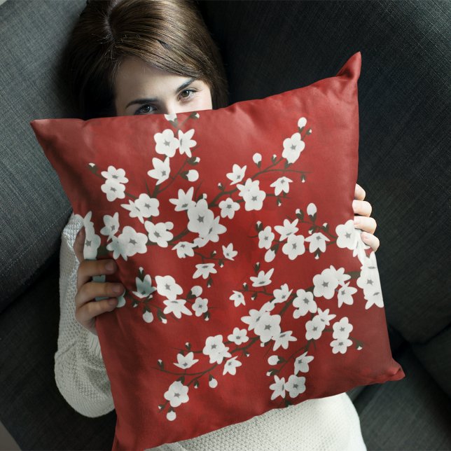 Asia Floral White Cherry Blossom Red Kissen (Von Creator hochgeladen)