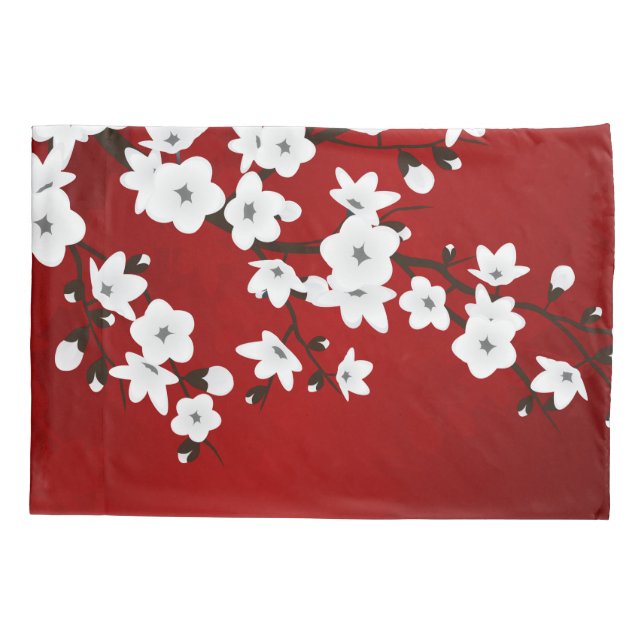 Asia Floral White Cherry Blossom Red Kissenbezug (Rückseite)