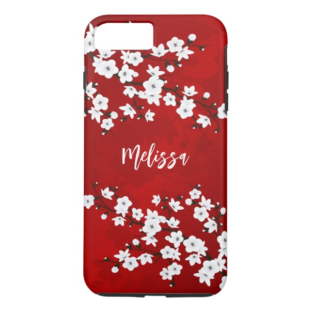 Asia Floral White Cherry Blossom Red Monogram Case-Mate iPhone Hülle (Rückseite)