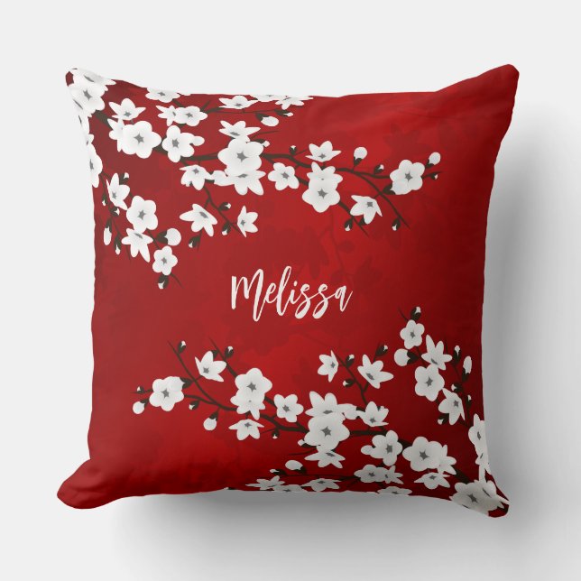 Asia Floral White Cherry Blossom Red Name Kissen (Vorderseite)