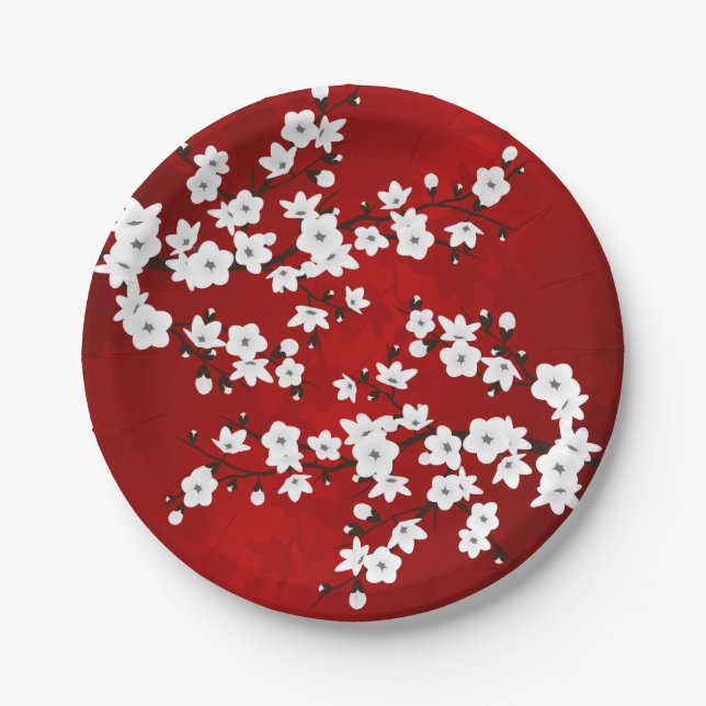 Asia Floral White Cherry Blossom Red Pappteller (Vorderseite)