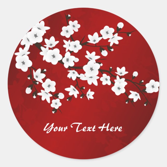 Asia Floral White Cherry Blossom Red Runder Aufkleber (Vorderseite)