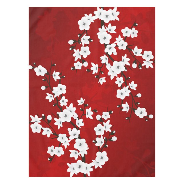 Asia Floral White Cherry Blossom Red Tischdecke (Vorderseite)