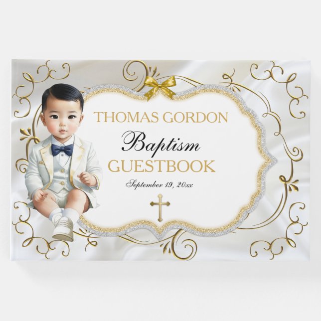 Asian Baby Boy Taufe Christening White & Gold Gästebuch (Vorderseite)