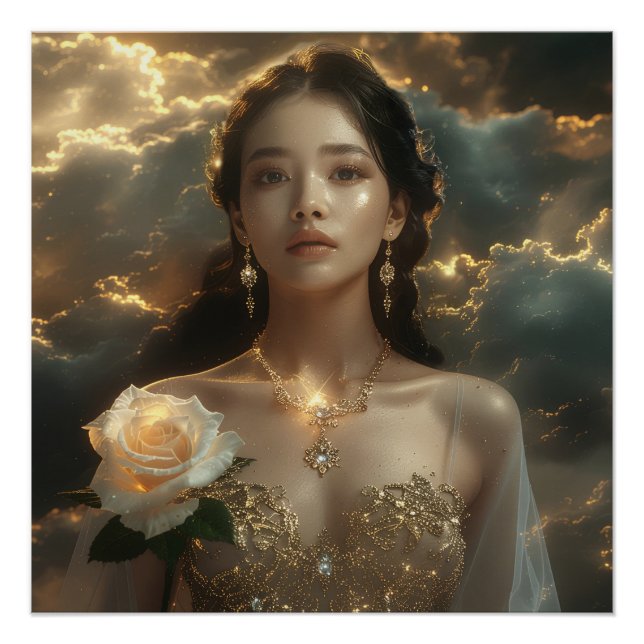 Asian Beauty With White Rose Poster (Vorderseite)