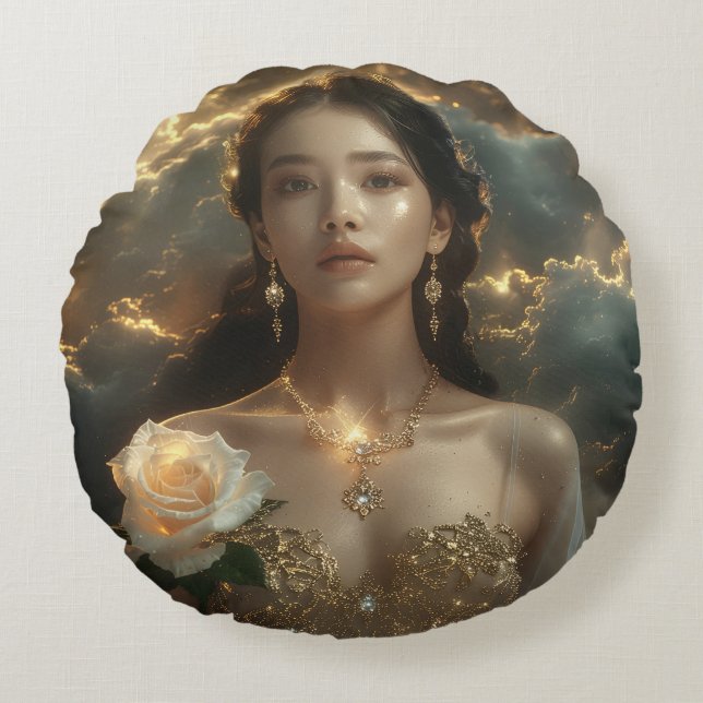Asian Beauty With White Rose Rundes Kissen (Vorderseite)
