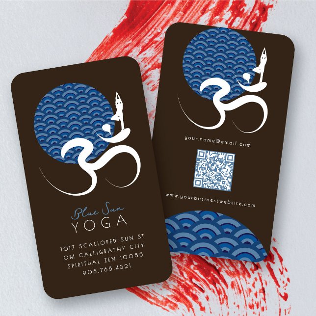 Asian Blue Sun Yoga Modern Zen Calligraphy Om Om Visitenkarte (Blue Sun Yoga Spiritual Indian Modern Zen Calligraphy Writing Om Aum Symbol Business Card @ fatfatin)
