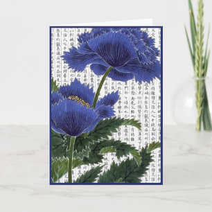 Asian BluePoppies on Kanji Background Dankeskarte