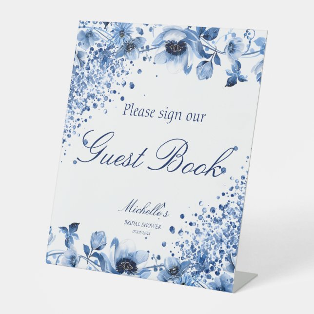 Asian Chinoiserie Light Blue Floral Guest Book Sockelschild (Vorderseite)